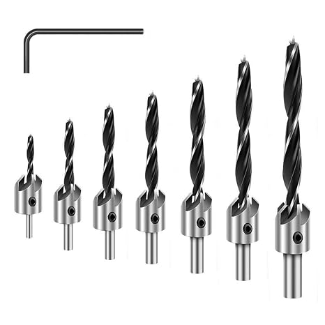 Countersink Drill Bits Set, 7-Pack High Carbon Steel Countersink Drill Bits for Wood, Woodworking Carpentry Reamer with 1 Free Hex Key Wrench