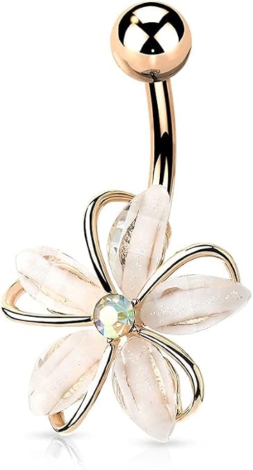 Pierced Owl - 14GA Stainless Steel CZ Crystal Centered Wire Set White Flower Belly Button Ring