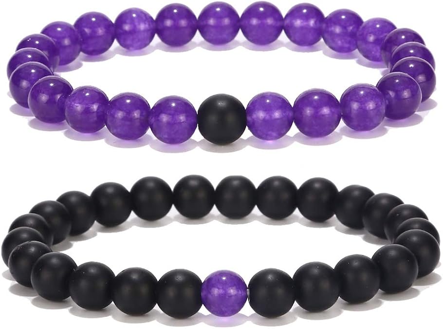 Black Matte & Purple Agate Stone His and Hers Bracelets 8mm Sandstone Couple Bracelet