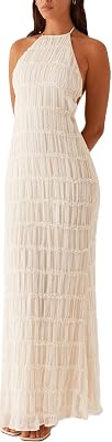Womens Backless Smocked Maxi Dress Sexy Spaghetti Strap Cut Out Flowy Beach Long Dress Vacation Casual Sundresses
