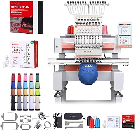 Poolin EOV 15-Needle Cap Embroidery Machine | 3D Cap Puff Bundle Includes 20 Matte Color Thread Kit, Pre-Wound Bobbins & 3D Puff Foam