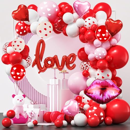 128pcs Valentines Day Balloons Garland Arch Kit Include Red Pink White Balloons,Heart Printed Balloons, Foil Mylar Heart Balloons, Valentines Wedding Party Decoration Supplies