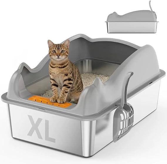 XL Stainless Steel Cat Litter Tray for Big Cats,High-Sided Anti-Leakage Litter Tray Cat Litter Box,60x40x33.5cm,Odour-Proof Non-Sticky Easy Clean,Anti-slip Rubber Bottom,Includes Scoop