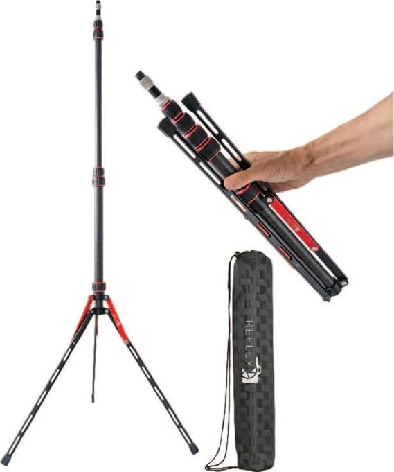 REFLEX CAMERA Carbon Fiber Light Stand - Ultra Lightweight 580g, Compact, 5-Tier, Supports 10kg, 2.2m Height, 1/4” & 3/8” Mounts, Free Carry Bag Inc.