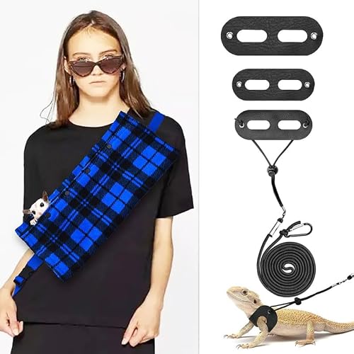 Small Animal Sling Carrier,Small Animal Bag for Bearded Dragons Lizards and Reptile with Adjustable Strap Tow Rope 3 Sizes Pack  Small Animal Sling CarrierBlue Grid