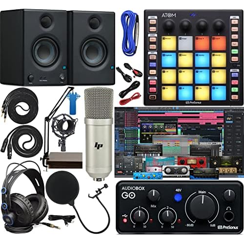 Presonus AudioBox GO Mobile 2x2 USB Audio Interface Complete Studio Kit  Software Kit, ATOM MIDIProduction Pad Controller, Eris E3.5 Pair Monitors & Adjustable Suspension Boom Arm  HD7 Headphones