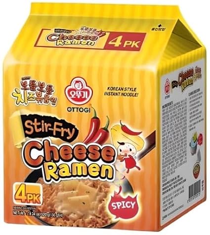 Ottogi Spicy Stir Fry Cheese Ramen, KOREAN STYLE INSTANT NOODLE, deliciously cheesy and spicy (130g) - 4 Pack
