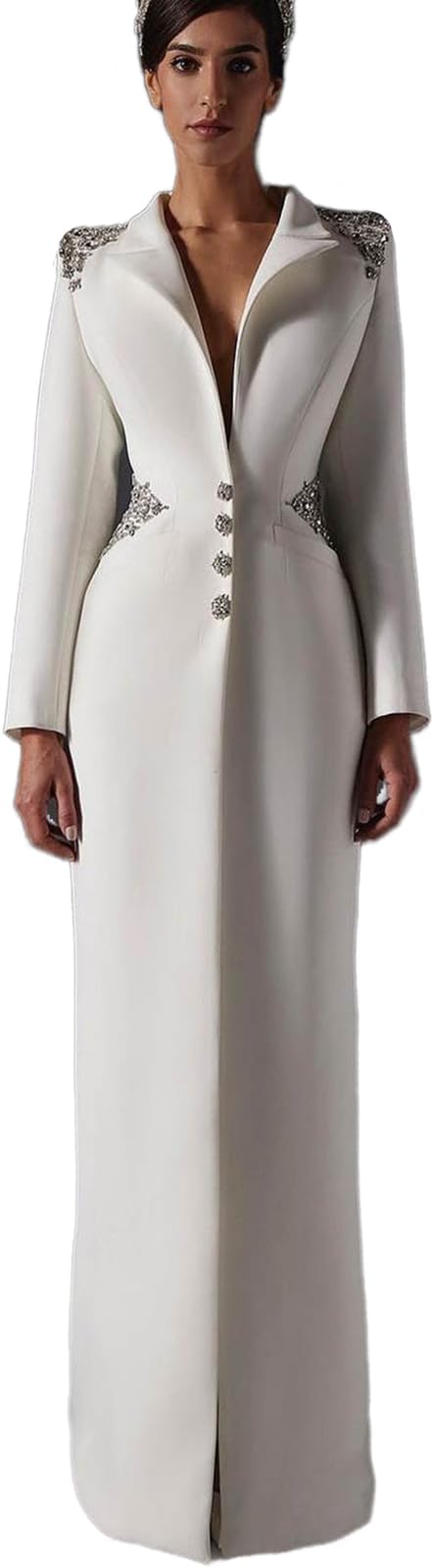 Women Long Blazer Dress Plus Size Slim Beading V Neck Jacket Prom Evening Guest Formal Wear Custom Made Satin