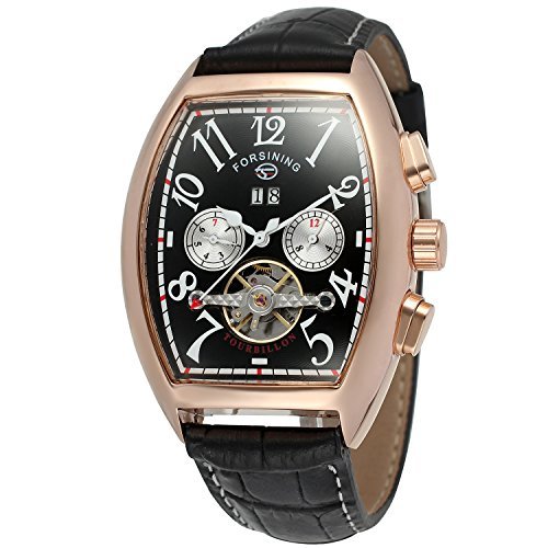 FORSINING Mens Automatic Self-Winding Rectangle Watch Calendar Genuine Leather Strap Tourbillon Watch