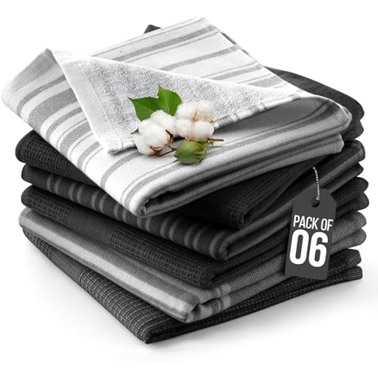 LDC 6 Piece Kitchen Towels Set 16x26 - Ultra-Absorbent, Soft, and Durable 100% Cotton Terry-Cloth Dish Towels - Perfect for Cleaning, Drying Black