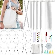 Katech Knitting Needles Set for Beginners, 9 Pairs Circular Knitting Needles Set and 22 Pcs Single Pointed Knitting Needle Set with Tote Bag Knitting Accessories Knit Supplies