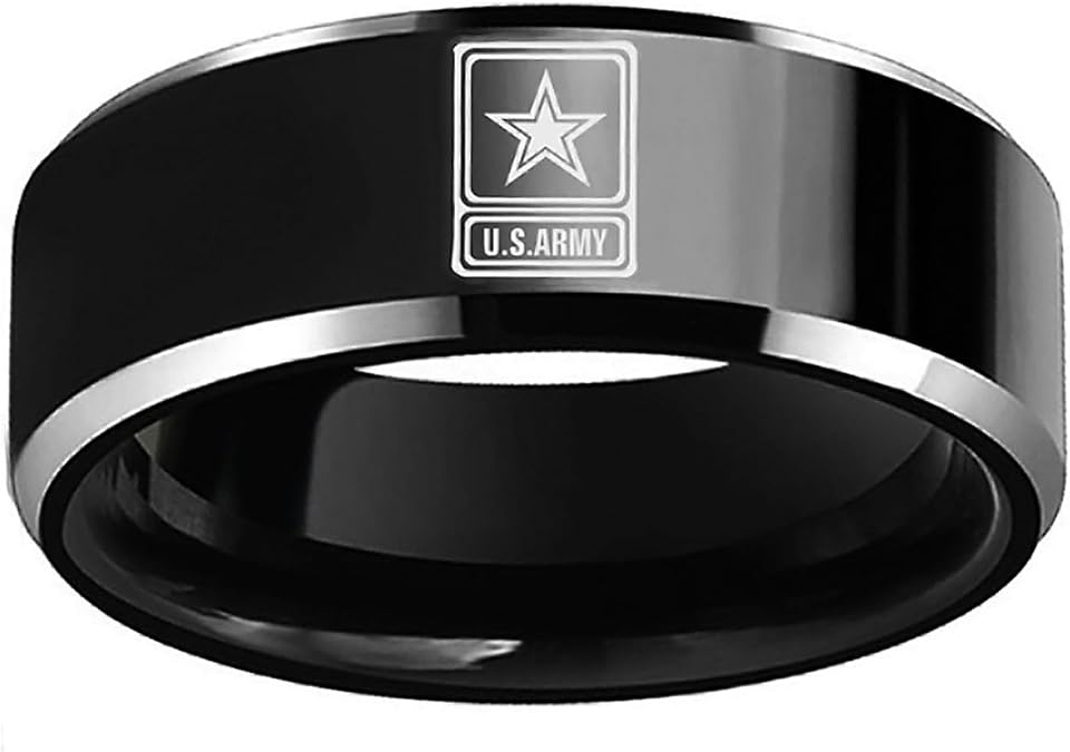 US Army Wedding Band 8mm Dome & Flat Military Ring with Engraved Star & U.S.ARMY Emblem Titanium Steel Veteran Marriage Jewelry for Men Women