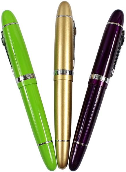 JinHao 159 Fountain Pen With Sliver Trim, 0.5MM Medium Nib, 3 PCS,3 Colors (Purple, Green, Gold)