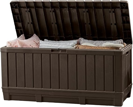 Keter Kentwood 92 Gal Outdoor Storage Box for Patio and Pool Accessories | Brown, Resin, Large, Weatherproof, Lockable, Durable, Easy Assembly, Organization, Patio Cushions Storage