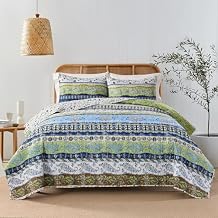 HORIMOTE HOME Boho Style Twin Size Quilt Set Green Bohemian Floral Strip Quilt Beddding Set, Soft and Lightweight Bedspread for All Season,XL Twin Bed Coverlet with 1 Matching Pillow Sham (2 Pieces)