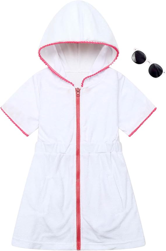Girls Swim Cover Up Kids Beach Swimsuit Coverup Terry Zip-Up Bathing Suit Beach Pool Clothes with Sunglasses