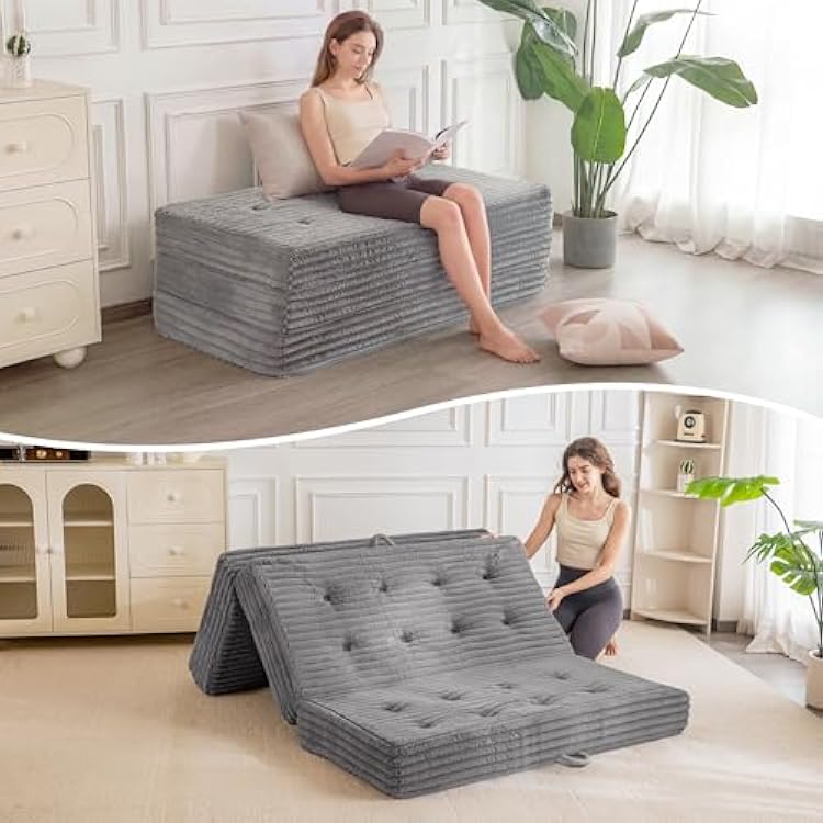 MAXYOYO Folding Sofa Couch Bed, 6 Inch Tri-Fold Floor Sofa Bed, Folding Mattress with Handles, Soft Faux Fur Folding Bed with Supportive Foam Filling, Portable Couch for Living Room, Queen, Grey