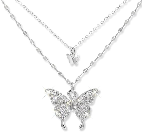 925 Sterling Silver Butterfly Necklace for Women Double Layer Clavicle Chain Shiny CZ Necklace Dainty Gifts Party Jewelry Gift
