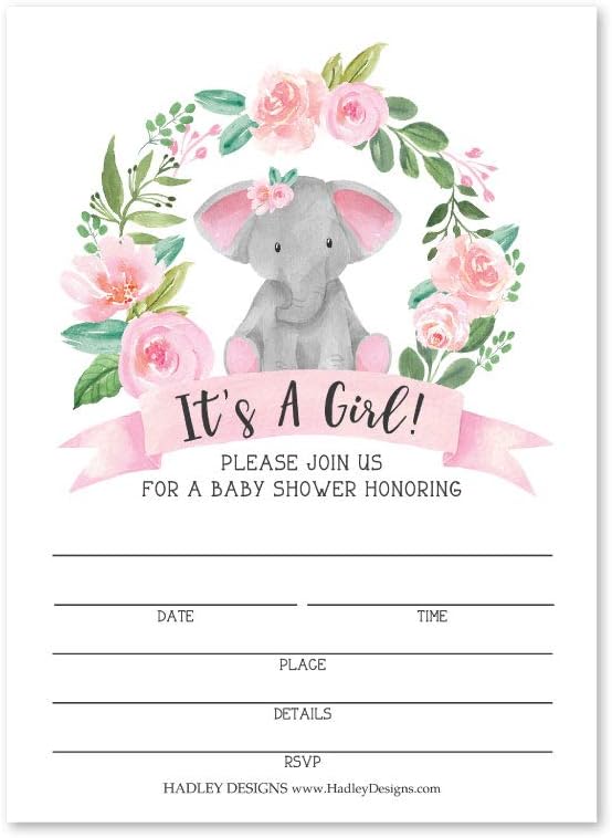 Hadley Designs 25 Elephant Wreath Invitations, Sprinkle Invite for Girl, Coed Pink Safari Gender Theme, Animal Jungle DIY Fill or Write In Blank Printable Card, Blush Garden Party for Baby Shower