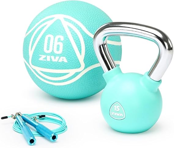 ZIVA Premium Functional Training Kit 6 lb Medicine Ball, 15 lb Kettlebell & Speed Jump Rope for Strength, Core, Agility & Cardio Full Home Workout Set in Turquoise