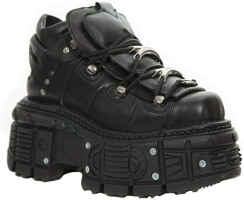 New Rock Ankle Boots M-TANK106-C2 Unisex Metallic Black 100% Leather Goth Emo Rock Platform 7
