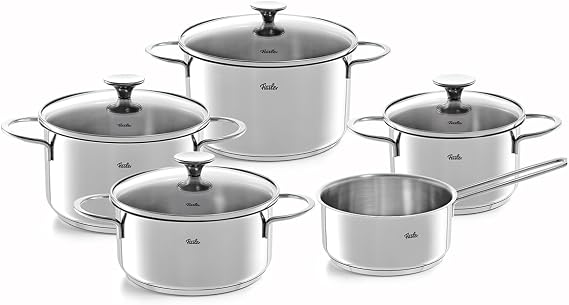 Fissler Copenhagen/Stainless Steel Saucepan Set 5 Pieces Saucepan Set Pots with Glass Lids (3 Cooking Pots 1 Stewing Pot 1 Saucepan Lidless) - Induction
