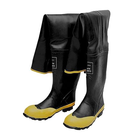 Liberty Glove & Safety 1531 DuraWear 32.5 Black Steel Toe Hip Wader Boots | Rubber Construction, Bar-Tread Outsole, Reinforced Knees, Adjustable Buckle Strap| Size 6, Black/Yellow