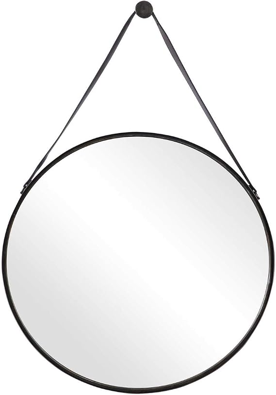 Spinner Moss + Fig Studio Antique Bronze Hanging Mirror | Metal Framed Round Wall Mirror Finished in Antiqued Bronze with Wide Strap and Decorative Hook (30 W x 30 H x 2 D Hanging Round Mirror)