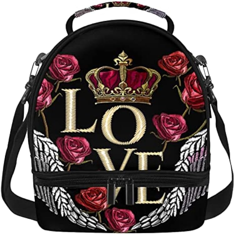 Double Decker Lunch Bag Insulated lunch Box Wing Crown Roses Love Waterproof Cooler Thermal Tote Bag Large