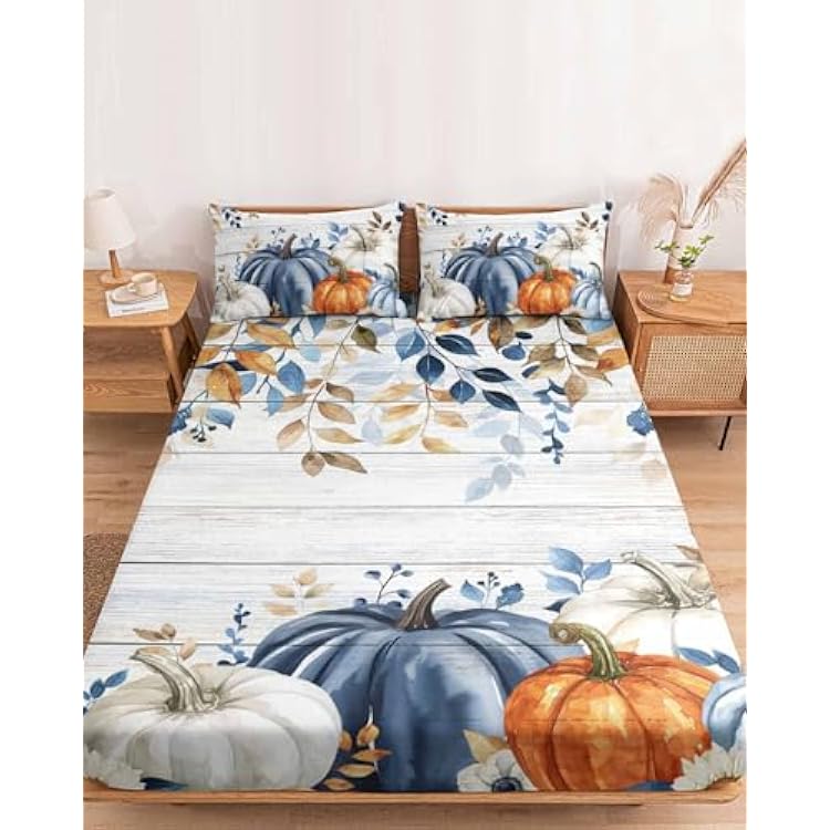 Bedding California King Size Fitted Sheets Fit 5-16 Deep Pocket Mattress,Fall Eucalyptus Leaves Thanksgiving Pumpkin Soft Bottom Sheet Farm Vintage Wood Board Fitted Sheet Bed Set with Pillow Case