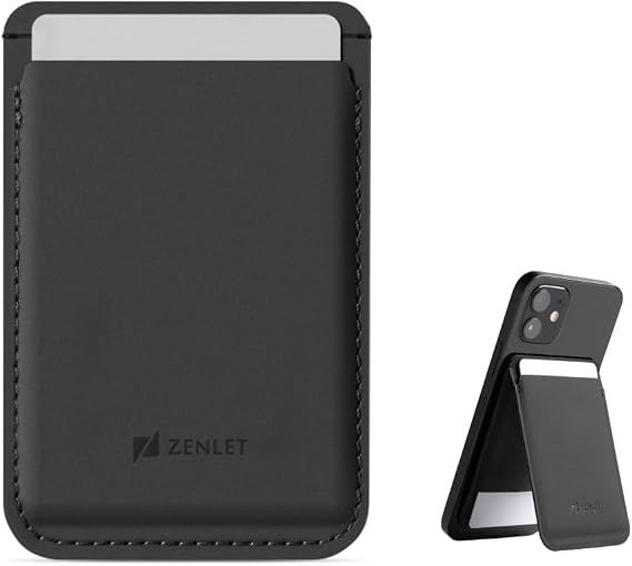 ZENLET Cache 2.0 - MagSafe Wallet Stand Compatible with iPhone 16/15/14/13/12 Series, Contactless Card Wallet, Angle Adjustment, Vegan Leather Phone Stand (Ultra Black)