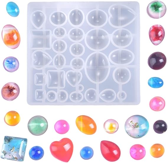 Cabochon Gem Silicone Mold Oval Teardrop Round Square Pendant Resin Molds Gemstone Jewelry Casting Molds Dome Crystal Moldfor DIY Crafts Pendant Earring Studs Necklace Keychain Ornaments