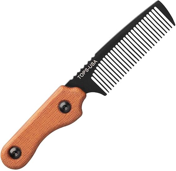 TOPS Knives Tac Rake Beard Comb, Tan Micarta, Leather Sheath, Pocket Size