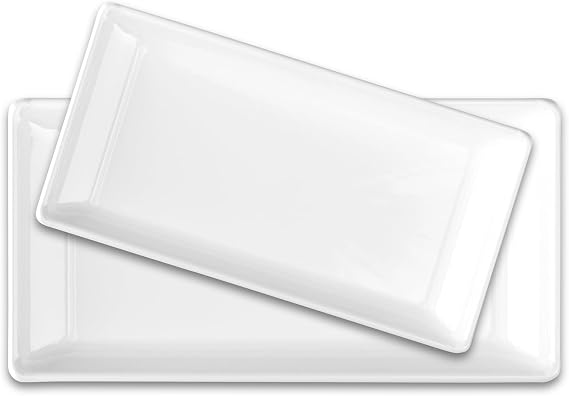 Maison Neuve-Large Ceramic Rectangular Serving Platter Set With Pure White Design (2-Pack)-14" and 12" Trays. (Pure White Design)