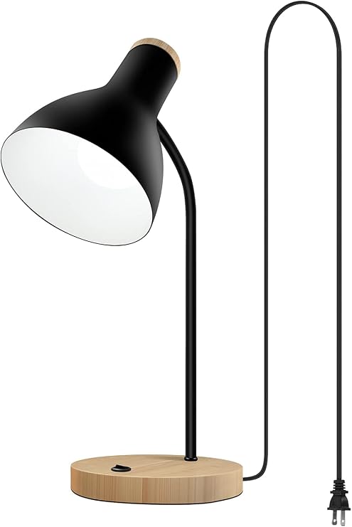 LALISU Metal Desk Lamp Table Lamp Reading Lights Arc Desk Lamps Wood Base | Bedside Lamp with Flexible Gooseneck for Study Room and Office (Wood Base+Black)