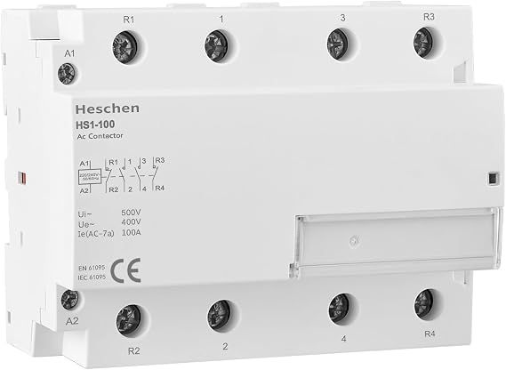 Heschen Household AC Contactor, HS1-100, Ie 100A, 4 Pole 2NO 2NC, AC 220V Coil Voltage, 35mm DIN Rail Mount