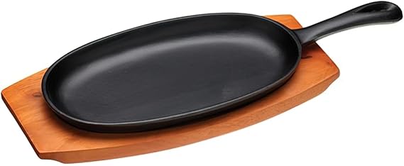 KitchenCraft World of Flavours japanische Teppanyaki Grillplatte Gusseisenplatte mit hölzernem Untersatz 345 cm x 145 cm