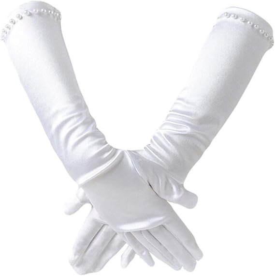 2 Pair Little Girls Long Princess Costume Glove, Creatiee White Dress Up Beading Bows Glove for Kids Party, Wedding, Birthday