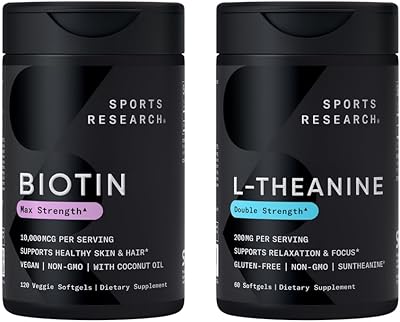 Sports Research Vegan Biotin 10,000mcg with Coconut Oil Max Strength Vitamin B7 120 Softgels 4 Month Supply and Double Strength L-Theanine Supplement for Focus, Relaxation & Alertness 200mg 60 Count