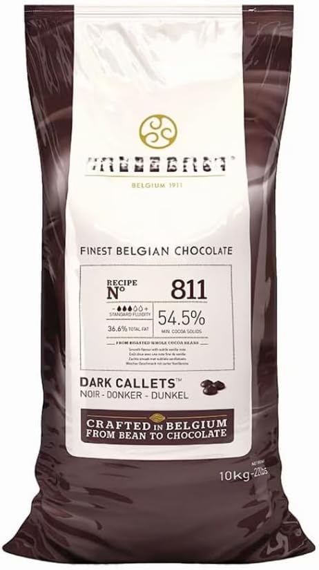 Dark Chocolate Callets 10kg 811NV of 54.5% Cocoa Belgian Dark Chocolate callets for Baking, Desserts, Beverages, and Confectionery