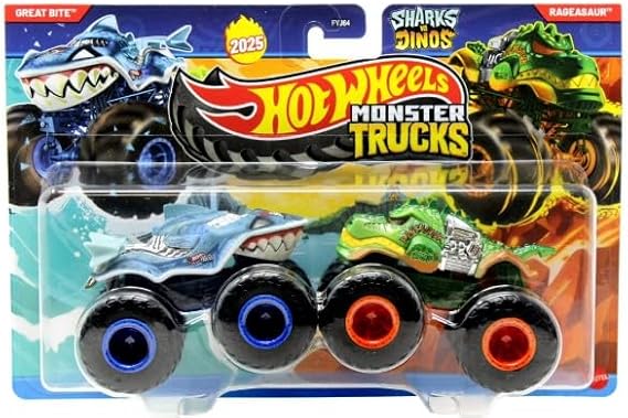 Hot Wheels Monster Trucks Ragesaur vs Shark Bite, Demolition Doubles, 1:64 Scale Diecast Metal, 2-Pack