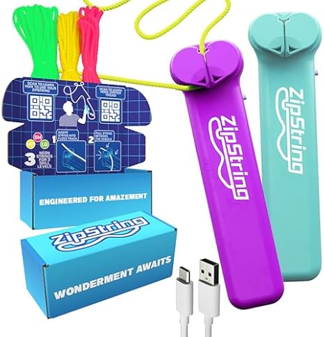 Original ZipString Bundle Pack As Seen on Shark Tank 2 Classic Rope Launcher Toys for Kids & Adults Vivacious Violet & Aesthetic Aqua USB-C Rechargeable Fidget Toy with Strings & Trick Library