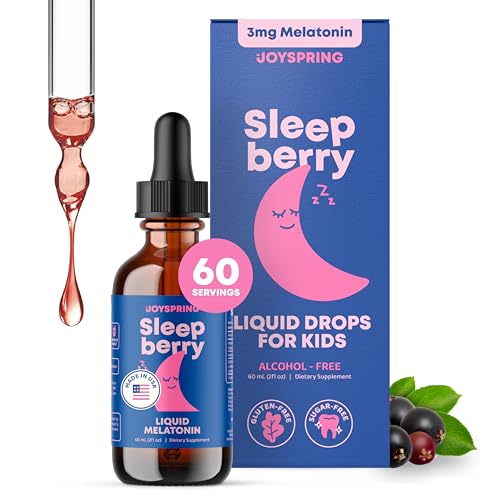 JoySpring Sleepberry Kids Melatonin 3 mg Liquid Sleep Aid with L Theanine, High Absorption Berry Drops 2 fl oz 60 Servings, Childrens Melatonin with Vitamin D Kids Travel Essentials