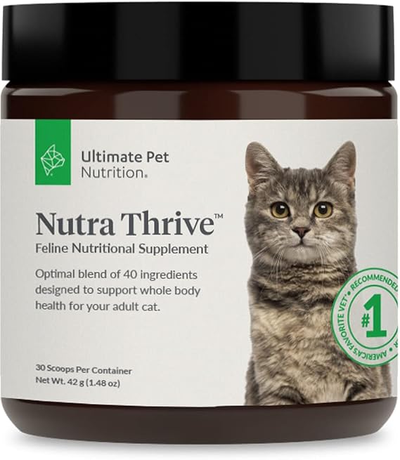 ULTIMATE PET NUTRITION Nutra ThriveTM Cat 40 in 1 Nutritional Supplement for Cats, Vitamins, Minerals, Probiotics, Enzymes, Antioxidants and Superfoods Blend, 30 Servings