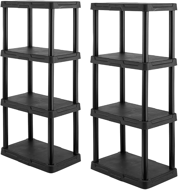 CENTREX 4-Tier Light Duty Plastic Storage Shelves, Black, 50lbs/shelf, 2pk