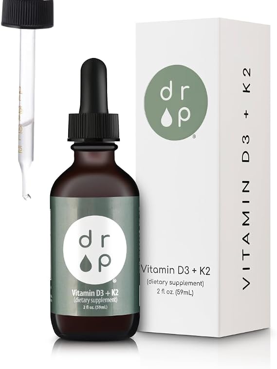 Drop Vitamin D3 + K2 Liquid Drops, 1000 IU Vegan D3 from Lichen, 45 mcg K2 (MK-4 and MK-7), with Organic MCT Coconut Oil, Bone and Immune Support, Non-GMO and Vegan, 59 Servings, 2 fl oz