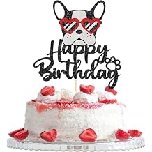 Happy Birthday French Bulldog Cake Topper, Puppy Happy Birthday Party Cake Supplies, Animal/Pet Puppy dog Theme Birthday Party Supplies, Black&Red Glitter