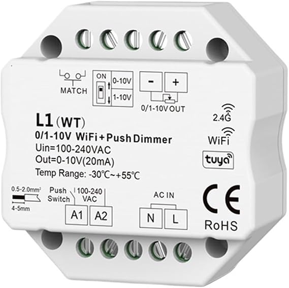 1PCS 0/1-10V Tuya Smart WiFi Zigbee LED Dimmer Controller Push Dimmer 110V 220V 230V Smart Life APP Voice Control (Color : WiFi Dimmer)