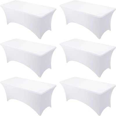 6-Pack Premium White Spandex Tablecloths for 6ft Rectangle Tables, Stain & Wrinkle-Resistant, Washable Stretch Polyester Fitted Table Cover for Weddings, Banquets, Trade Shows Events