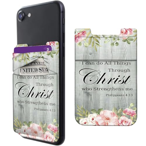 Rossy Cell Phone Wallet Adhesive Card Holder Stick on Wallet Pocket Lycra Credit Card ID Case With Bible Verse Philippians 4-13 Stylish Pattern for Back of Phone for All Smartphones